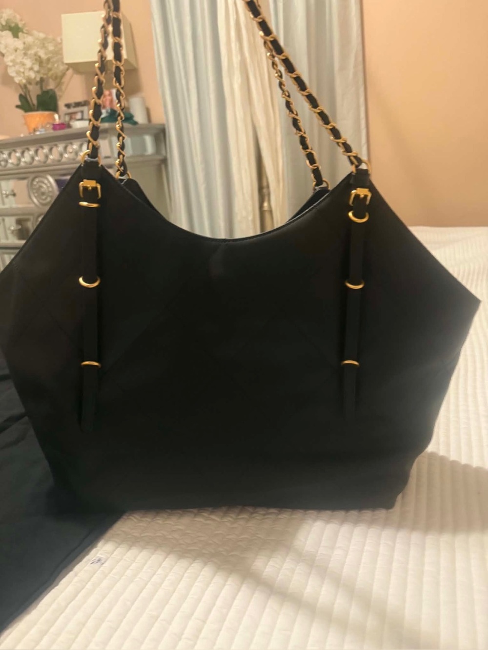 Classic Black Shoulder Tote with Gold Chain Accent